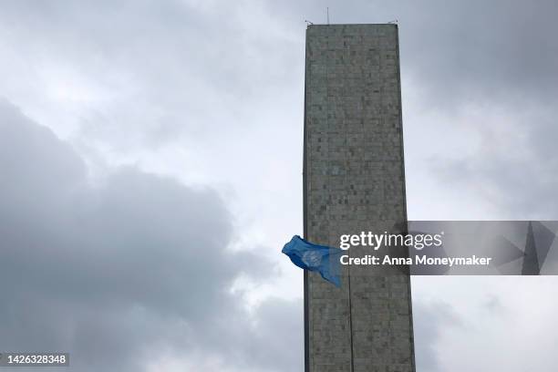 The United Nations flag flies outside the U.N. Headquarters on September 22, 2022 in New York City. After two years of holding the session virtually...