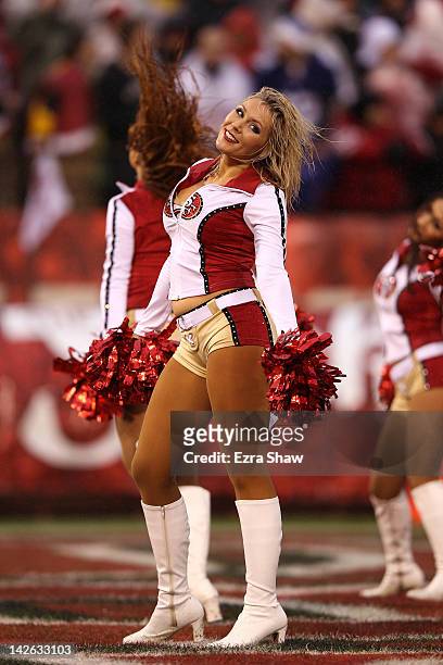 Cheerleader for the San Francisco 49ers performs against the New York Giants during the NFC Championship Game at Candlestick Park on January 22, 2012...