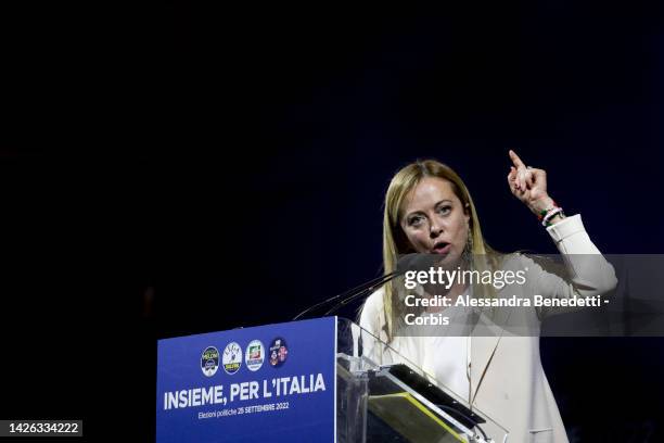 Giorgia Meloni leader of Brothers of Italy speaks during the closing rally of the Center right coalition, on September 22, 2022 in Rome, Italy....
