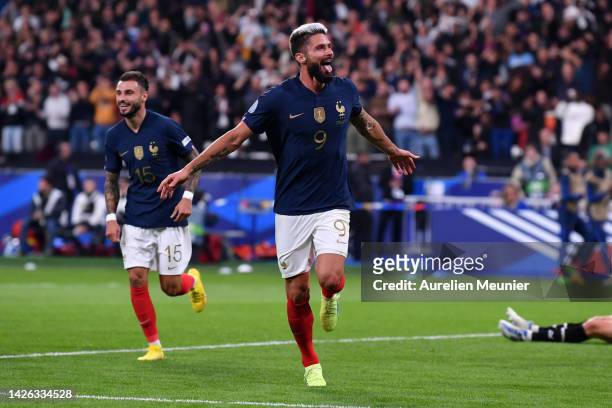 Olivier Giroud of France celebrates after scoring their side's second goal during the UEFA Nations League League A Group 1 match between France and...