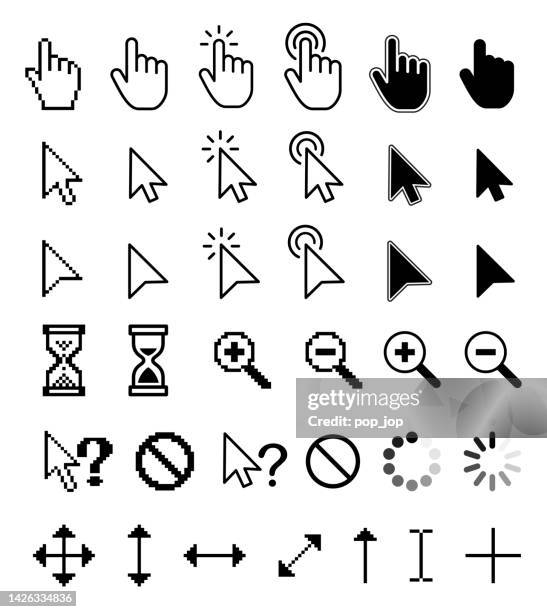 ilustrações de stock, clip art, desenhos animados e ícones de cursor set - mouse pointers. computer mouse click cursor. arrow, hand, magnifying glass, hourglass. different smooth and pixel mouse cursors. vector stock illustration - mouse click