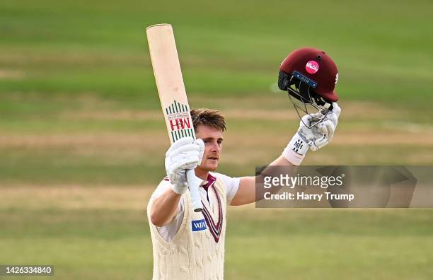 Tom Abell of Somerset celebrates their century during Day Three of the LV= Insurance County Championship match between Somerset and Northamptonshire...