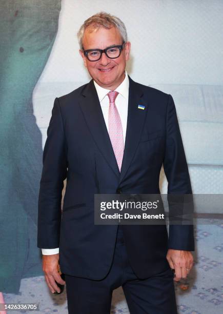 Hugh Bonneville attends Gavin Bond's 'BEING THERE', showcase presented by Moët & Chandon Launch party at Claridge's ArtSpace on September 22, 2022 in...