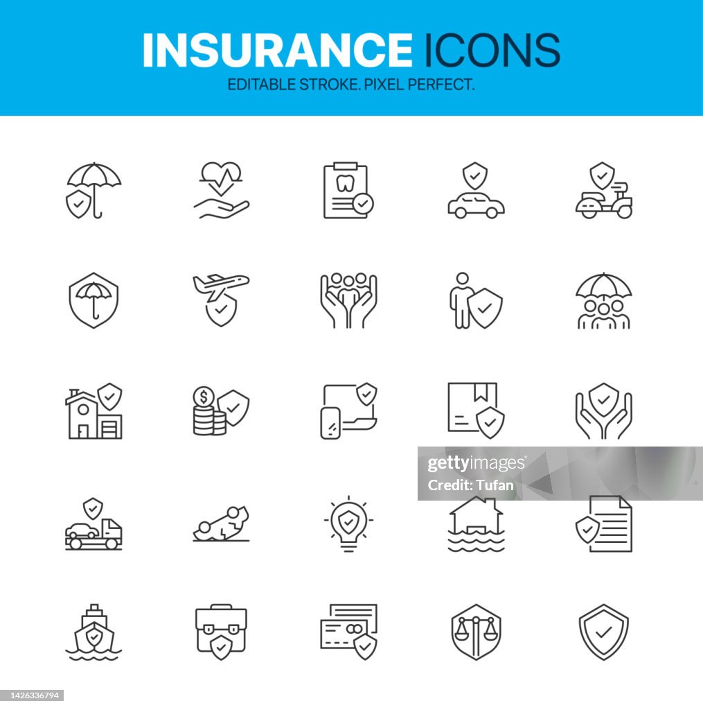 Satzung des Versicherungssymbols. Einfache Set Auto-, Kranken- und Lebensversicherungs-Icon-Sammlung