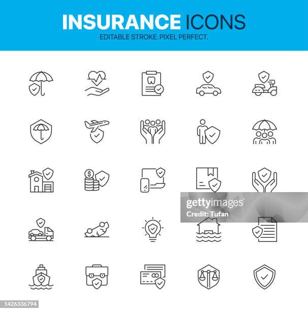 satzung des versicherungssymbols. einfache set auto-, kranken- und lebensversicherungs-icon-sammlung - auto insurance stock-grafiken, -clipart, -cartoons und -symbole