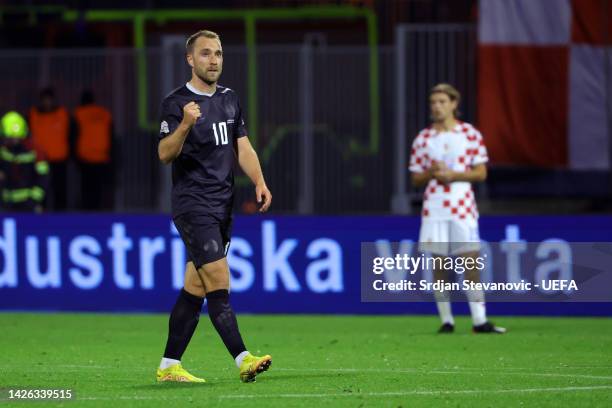 Christian Eriksen of Denmark celebrates after scoring their side's first goal during the UEFA Nations League League A Group 1 match between Croatia...