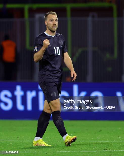 Christian Eriksen of Denmark celebrates after scoring their side's first goal during the UEFA Nations League League A Group 1 match between Croatia...