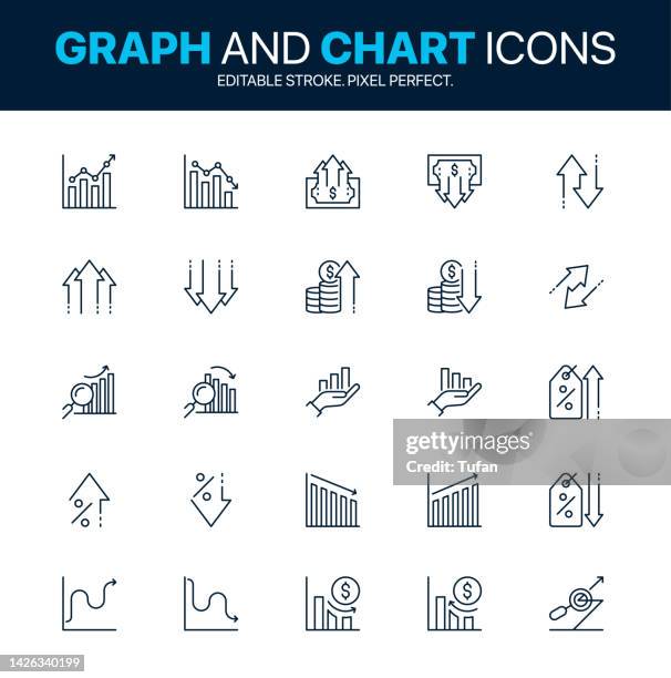 erhöhen und verringern sie symbole. wachstumssymbol und statistiksymbolsatz. symbol für unternehmenswachstum, anstieg, persönliche entwicklung, grafik und diagrammbezogener linienvektor - graph icons stock-grafiken, -clipart, -cartoons und -symbole