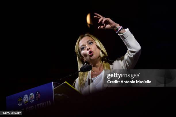 Giorgia Meloni “Fratelli d'Italia" political party leader delivers her speech during the political meeting organized by the right-wing political...