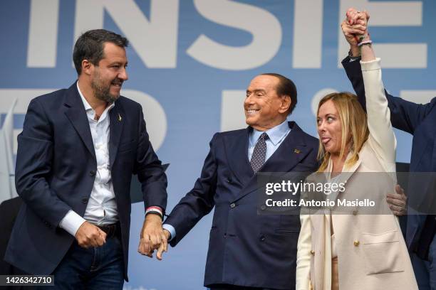 Matteo Salvini of "Lega" political party, Silvio Berlusconi of “Forza Italia" party and Giorgia Meloni of “Fratelli d'Italia" party attend the...