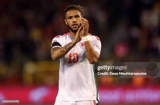 Tyler Roberts of Wales waves to the fans after the UEFA Nations League League A Group 4 match between Belgium and Wales at King Baudouin Stadium on...