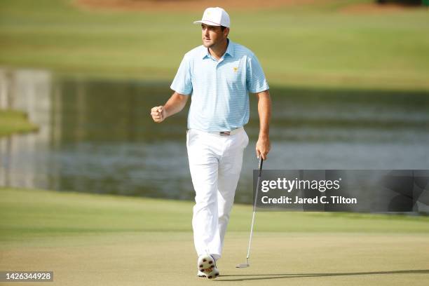 Scottie Scheffler of the United States Team reacts on the 13th green during the Thursday foursome matches on day one of the 2022 Presidents Cup at...