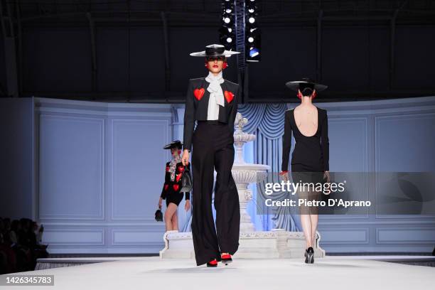 Model walks the runway of the Moschino Fashion Show during the Milan Fashion Week Womenswear Spring/Summer 2023 on September 22, 2022 in Milan, Italy.