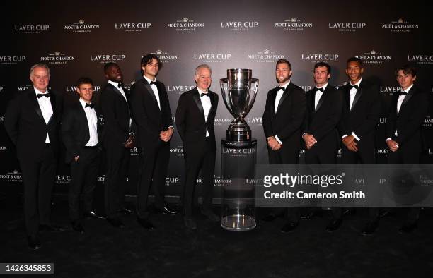 Players of Team World pose for a photograph alongside the Laver Cup during a Gala Dinner at Somerset House ahead of the Laver Cup in London, England.