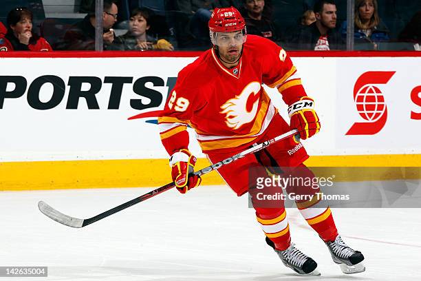 Akim Aliu of the Calgary Flames skates the Anaheim Ducks on April 7, 2012 at the Scotiabank Saddledome in Calgary, Alberta, Canada. The Flames won...