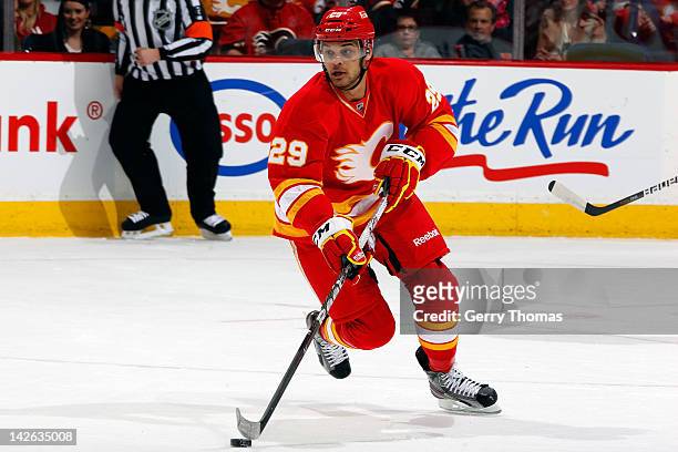 Akim Aliu of the Calgary Flames skates the Anaheim Ducks on April 7, 2012 at the Scotiabank Saddledome in Calgary, Alberta, Canada. The Flames won...
