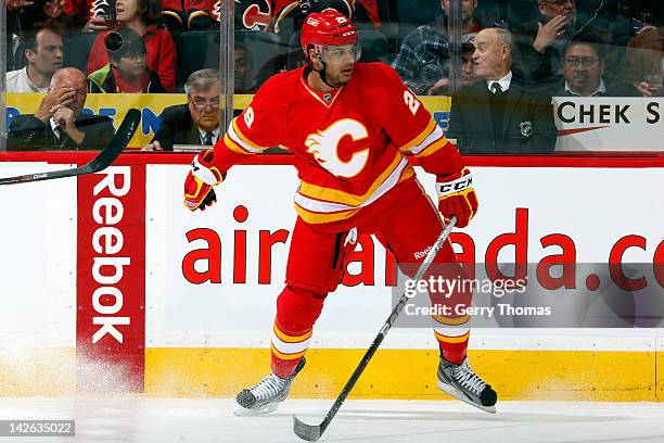 Akim Aliu of the Calgary Flames skates the Anaheim Ducks on April 7, 2012 at the Scotiabank Saddledome in Calgary, Alberta, Canada. The Flames won...