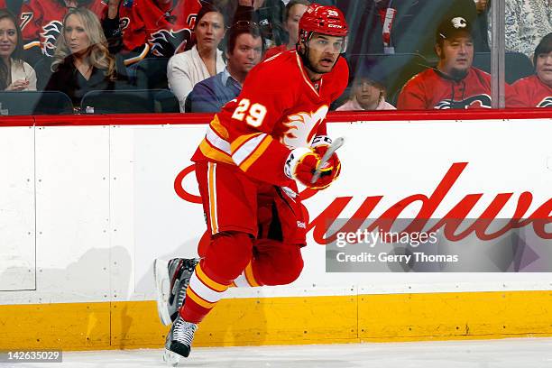 Akim Aliu of the Calgary Flames skates the Anaheim Ducks on April 7, 2012 at the Scotiabank Saddledome in Calgary, Alberta, Canada. The Flames won...