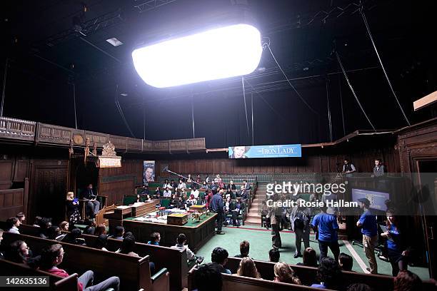 Members of the British Youth Council and Youth Parliament hold a live debate on the film set of 'The Iron Lady' at Wimbledon Studios, to debate the...