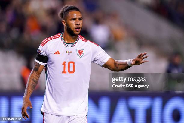 Tyler Roberts of Wales pointing with hands during the UEFA Nations League A Group 4 match between Belgium and Wales at the Stade Roi Baudouin on...