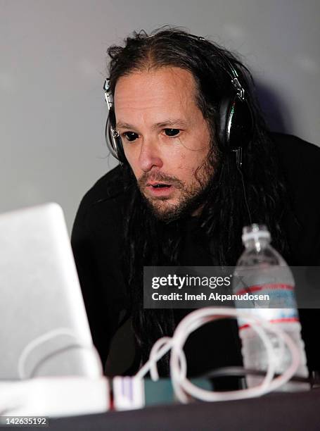 Jonathan Davis aka 'J-Devil' performs at 'The Path of Totality' listening party hosted by KoRn at Dim Mak Studios on April 9, 2012 in Hollywood,...