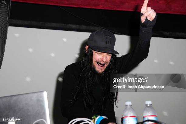 Jonathan Davis aka 'J-Devil' performs at 'The Path of Totality' listening party hosted by KoRn at Dim Mak Studios on April 9, 2012 in Hollywood,...