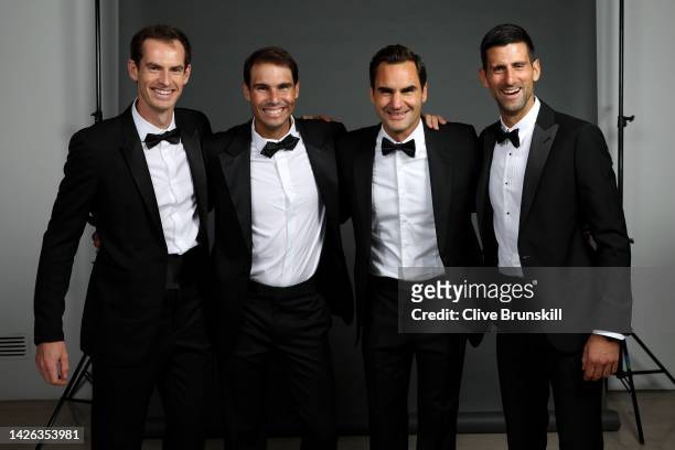 Andy Murray, Rafael Nadal, Roger Federer and Novak Djokovic of Team Europe pose for a photograph during a Gala Dinner at Somerset House ahead of the...