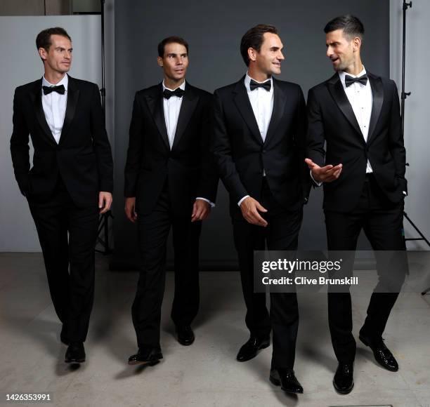 Andy Murray, Rafael Nadal, Roger Federer and Novak Djokovic of Team Europe pose for a photograph during a Gala Dinner at Somerset House ahead of the...