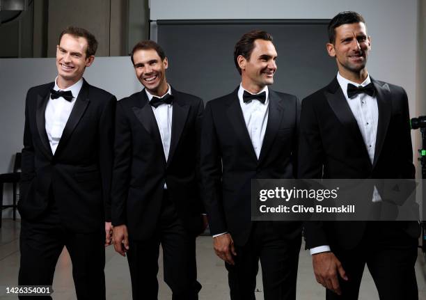 Andy Murray, Rafael Nadal, Roger Federer and Novak Djokovic of Team Europe pose for a photograph during a Gala Dinner at Somerset House ahead of the...