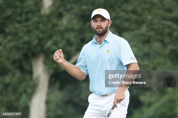 Cameron Young of the United States Team reacts after winning their match on the 17th green during the Thursday foursome matches on day one of the...