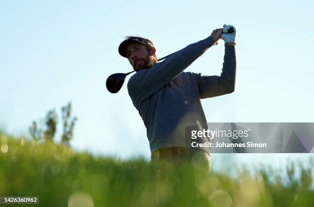 Romain Wattel of France hits off the 10th tee on Day One of the Swiss Challenge 2022 at Golf Saint Apollinaire on September 22, 2022 in Folgensbourg,...