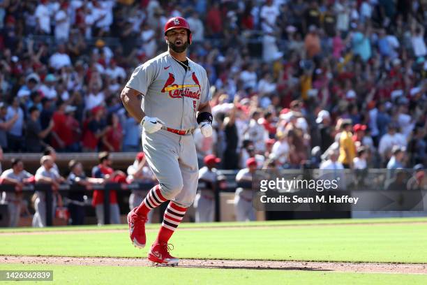 Albert Pujols of the St. Louis Cardinals reacts to flying out during the sixth inning of a game against the San Diego Padres at PETCO Park on...