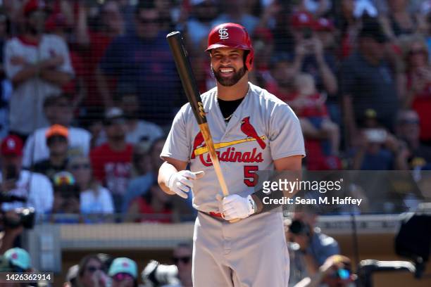 Albert Pujols of the St. Louis Cardinalslooks on at bat during the sixth inning of a game against the San Diego Padres at PETCO Park on September 22,...