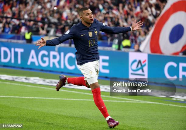 Kylian Mbappe of France celebrates his goal during the UEFA Nations League League A Group 1 match between France and Austria at Stade de France on...