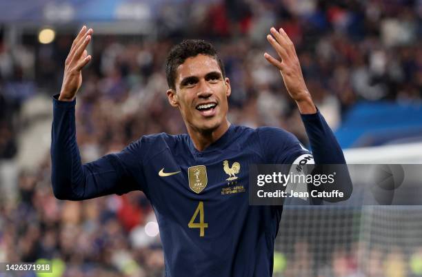 Raphael Varane of France celebrates the goal of Kylian Mbappe of France during the UEFA Nations League League A Group 1 match between France and...