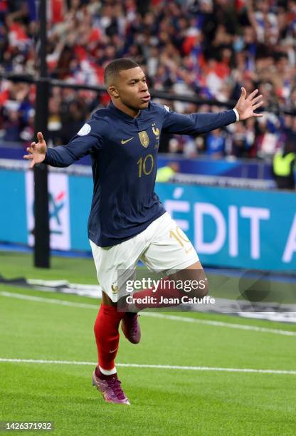 Kylian Mbappe of France celebrates his goal during the UEFA Nations League League A Group 1 match between France and Austria at Stade de France on...