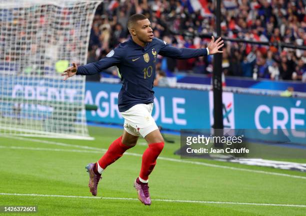 Kylian Mbappe of France celebrates his goal during the UEFA Nations League League A Group 1 match between France and Austria at Stade de France on...