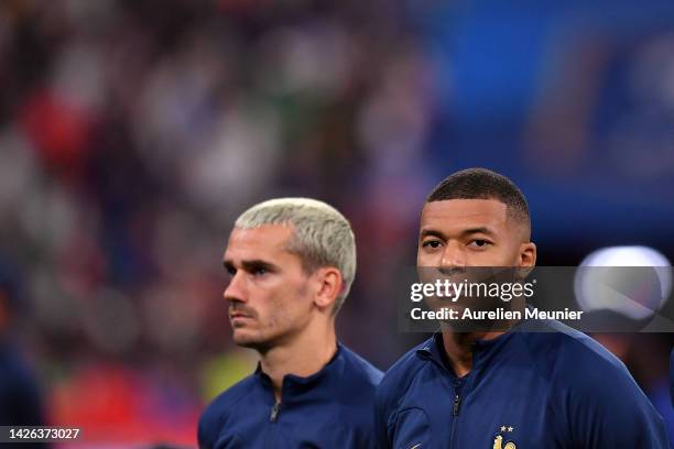 Kylian Mbappe of France looks on during the National Anthem before the UEFA Nations League League A Group 1 match between France and Austria at on...