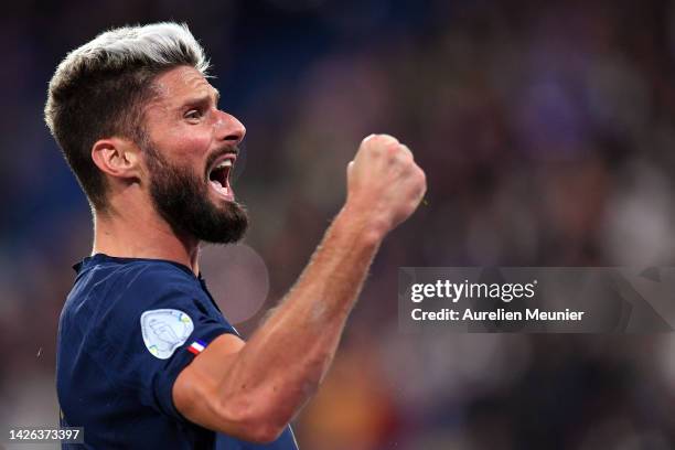 Olivier Giroud of France reacts after scoring during the UEFA Nations League League A Group 1 match between France and Austria at on September 22,...