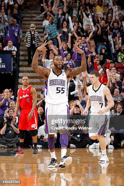 Terrence Williams of the Sacramento Kings raises his hands in celebration of the made shot against the Los Angeles Clippers on April 5 2012 at Power...