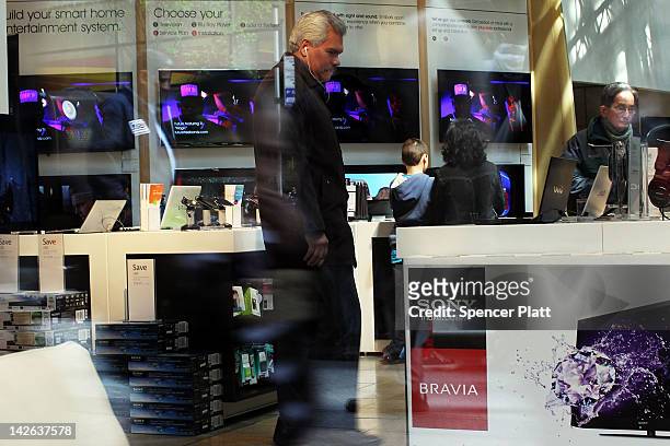 Man looks at Sony products at the Sony store on April 10, 2012 in New York City. Sony, the Japanese electronics company, has more than doubled its...