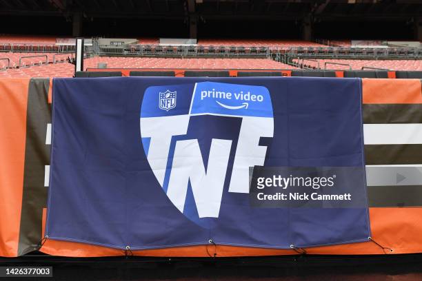 Thursday Night Football banners are seen with Amazon Prime signage prior to a game between the Cleveland Browns and the Pittsburgh Steelers at...