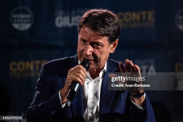 Giuseppe Conte leader of Movimento 5 Stelle talks during an electoral rally of the "Movimento 5 Stelle" party on September 21, 2022 in Giugliano in...