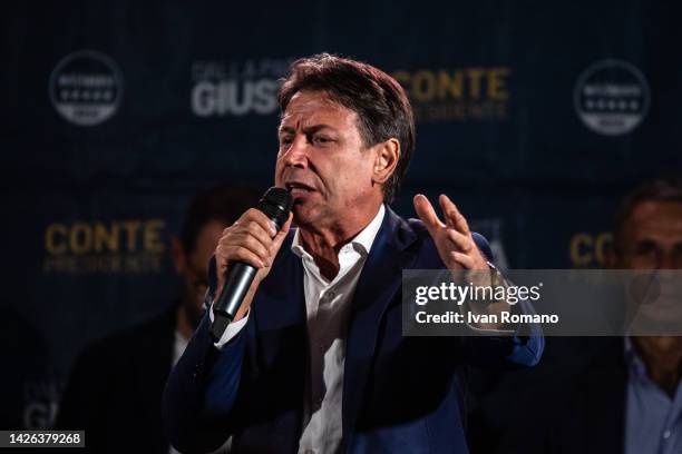 Giuseppe Conte leader of Movimento 5 Stelle talks during an electoral rally of the "Movimento 5 Stelle" party on September 21, 2022 in Giugliano in...