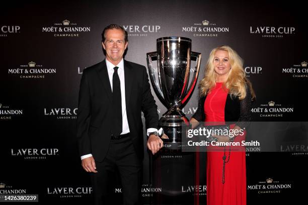 Former tennis player, Stefan Edberg and their Partner, Annette Hjort Olsen pose for a photograph alongside the Laver Cup during a Gala Dinner at...