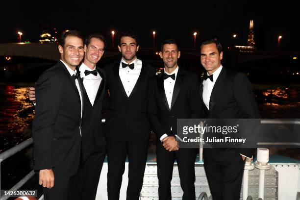 Rafael Nadal, Andy Murray, Matteo Berrettini, Novak Djokovic and Roger Federer of Team Europe make their way towards a Gala Dinner at Somerset House...