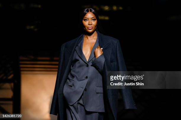 Naomi Campbell walks the runway at the Boss show during the Milan Fashion Week Womenswear Spring/Summer 2023 on September 22, 2022 in Milan, Italy.