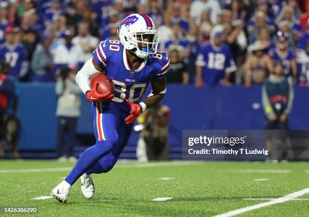 Jamison Crowder of the Buffalo Bills runs the ball back after a kickoff against the Tennessee Titans at Highmark Stadium on September 19, 2022 in...