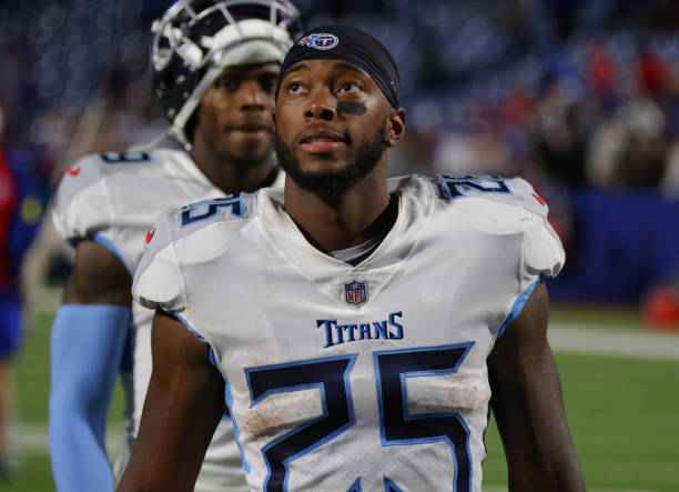 Hassan Haskins of the Tennessee Titans after a game against the Buffalo Bills at Highmark Stadium on September 19, 2022 in Orchard Park, New York.