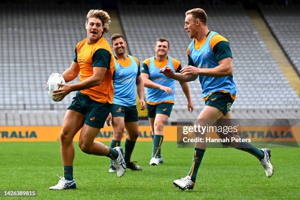 Fraser McReight of the Wallabies run through drills during an Australia Wallabies Captain's Run at Eden Park on September 23, 2022 in Auckland, New...